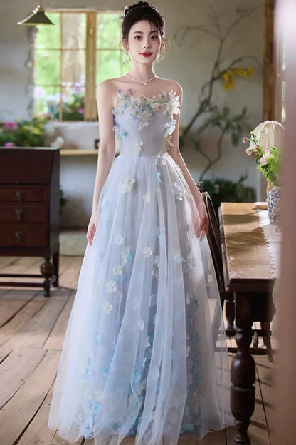 Romantic A-Line Strapless Floral-Appliquéd Light Blue Tulle Prom Dresses