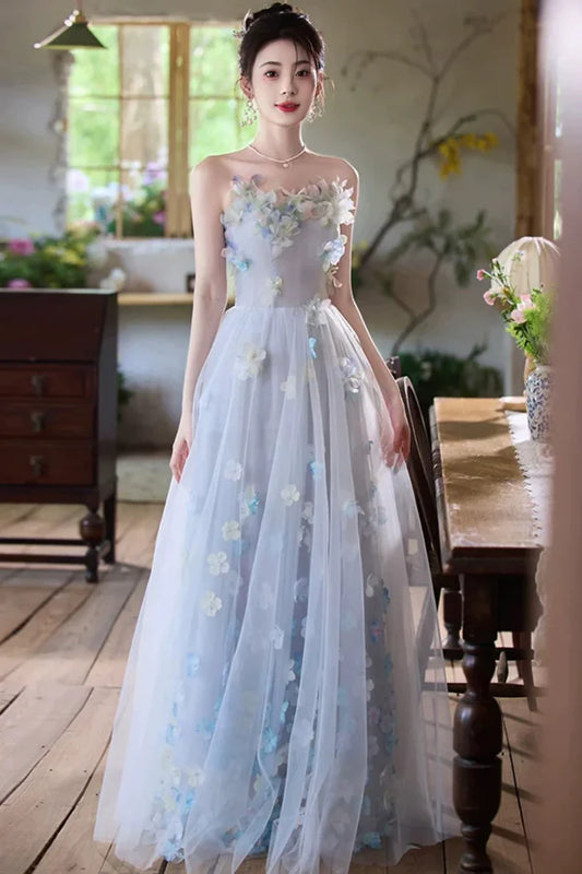Romantic A-Line Strapless Floral-Appliquéd Light Blue Tulle Prom Dresses