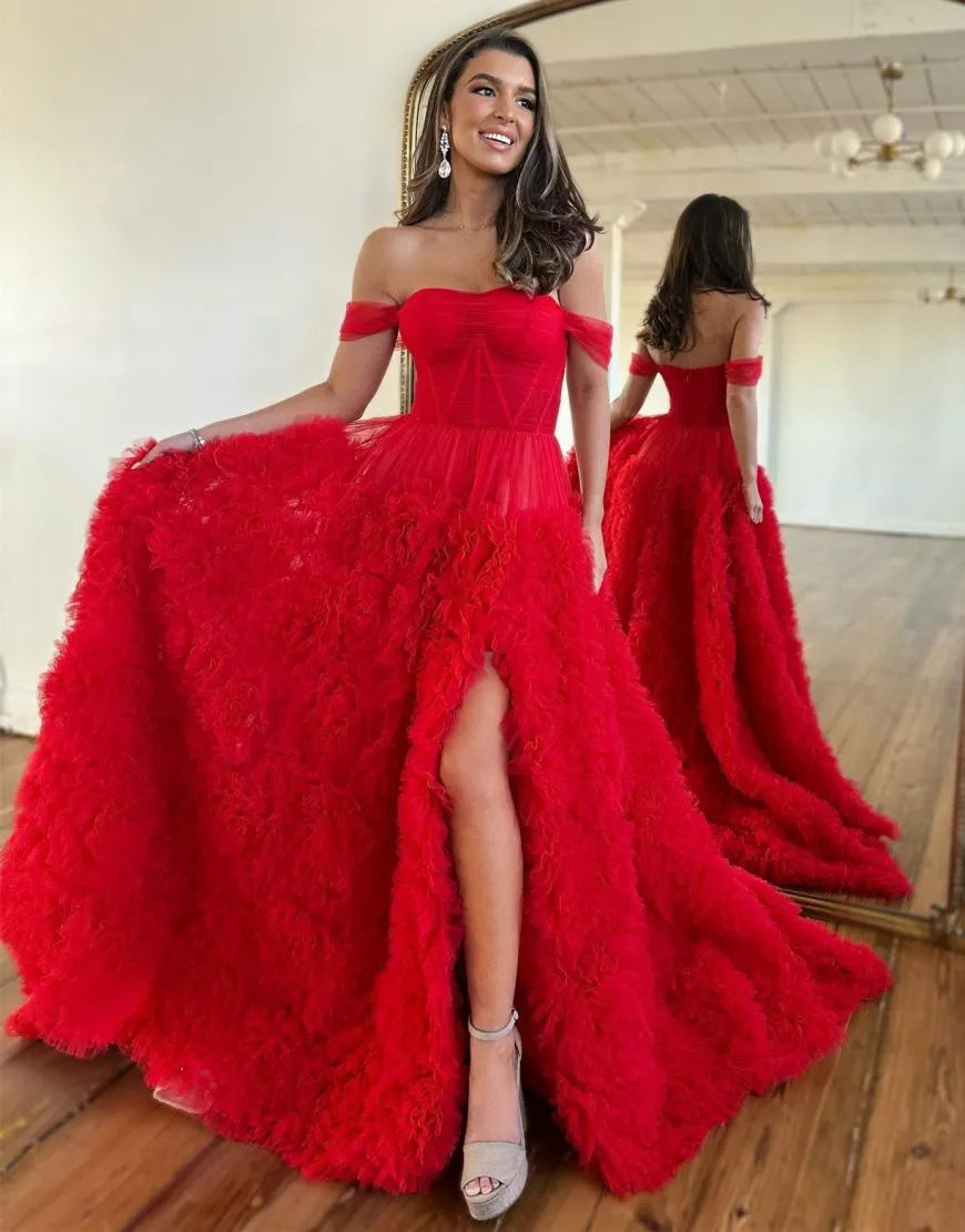 AerbaDress Prom Dress A-Line Tiered Off The Shoulder With Split