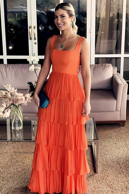Romantic A Line Square Neck Ruffle Orange Floor-Length Prom Dress