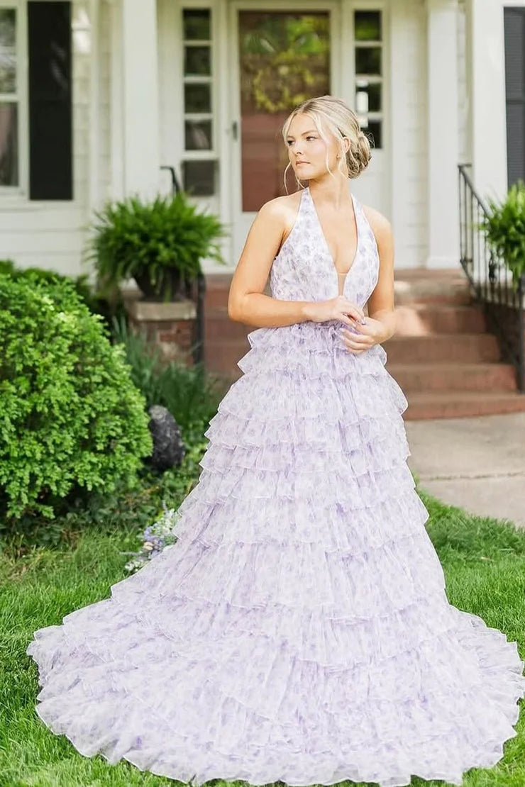 Romantic Halter Ruffled Lavender Floor-Length Prom Dress