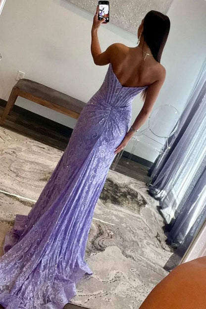 AerbaDress Prom Dress Mermaid Strapless Sweep Train Glitter With Slit