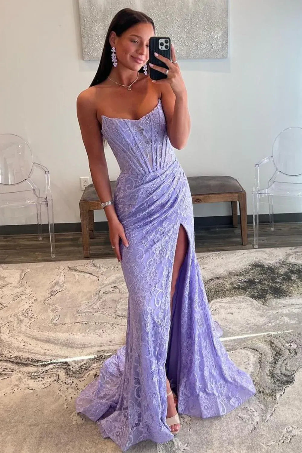 AerbaDress Prom Dress Mermaid Strapless Sweep Train Glitter With Slit