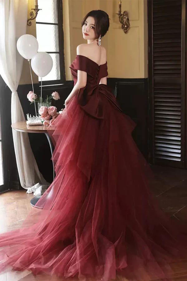 Romantic Mermaid Bow-embellished Burgundy Train-length Prom Dress