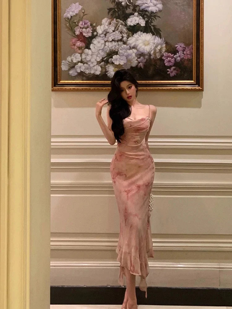 Romantic Mermaid Cowl-Neck Sleeveless Ruched Blush Pink Midi Prom Dresses