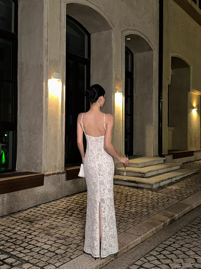 Romantic Mermaid Halter-Neck Sleeveless Lace Ivory Long Evening Dresses