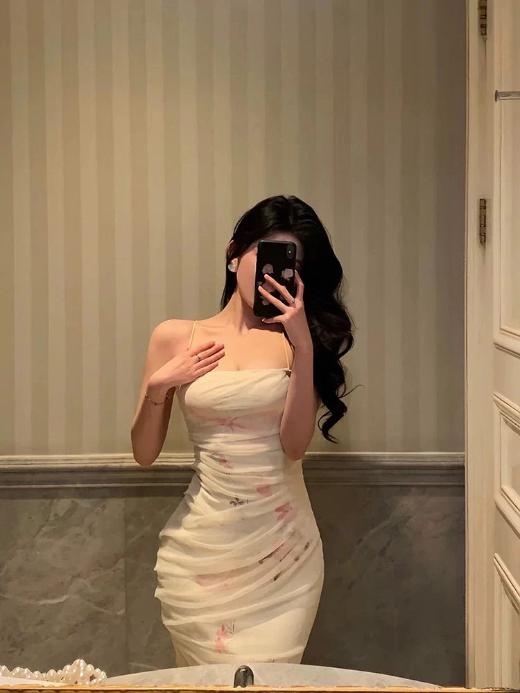 Romantic Mermaid Sleeveless Ruched Ivory Chiffon Long Prom Dresses