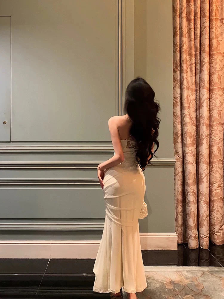 Romantic Mermaid Sleeveless Ruched Ivory Chiffon Long Prom Dresses