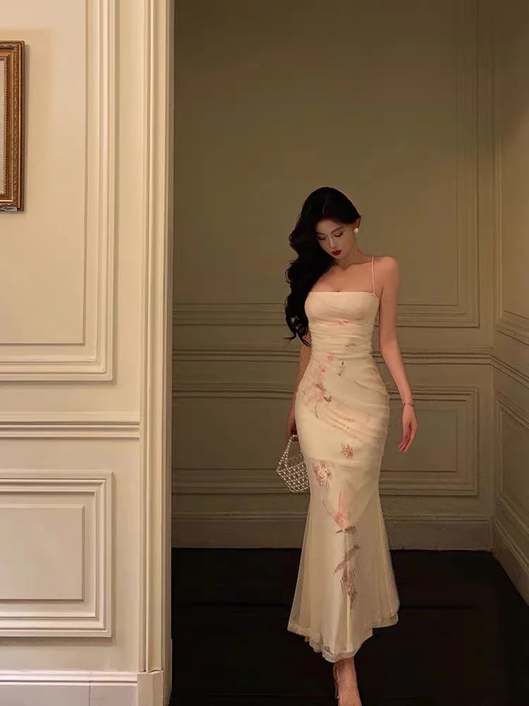 Romantic Mermaid Sleeveless Ruched Ivory Chiffon Long Prom Dresses