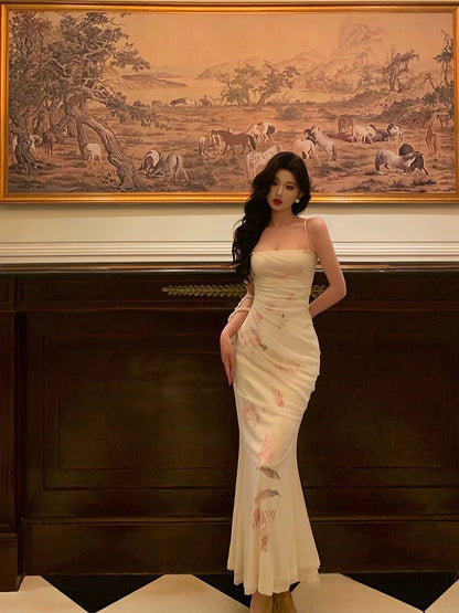 Romantic Mermaid Sleeveless Ruched Ivory Chiffon Long Prom Dresses