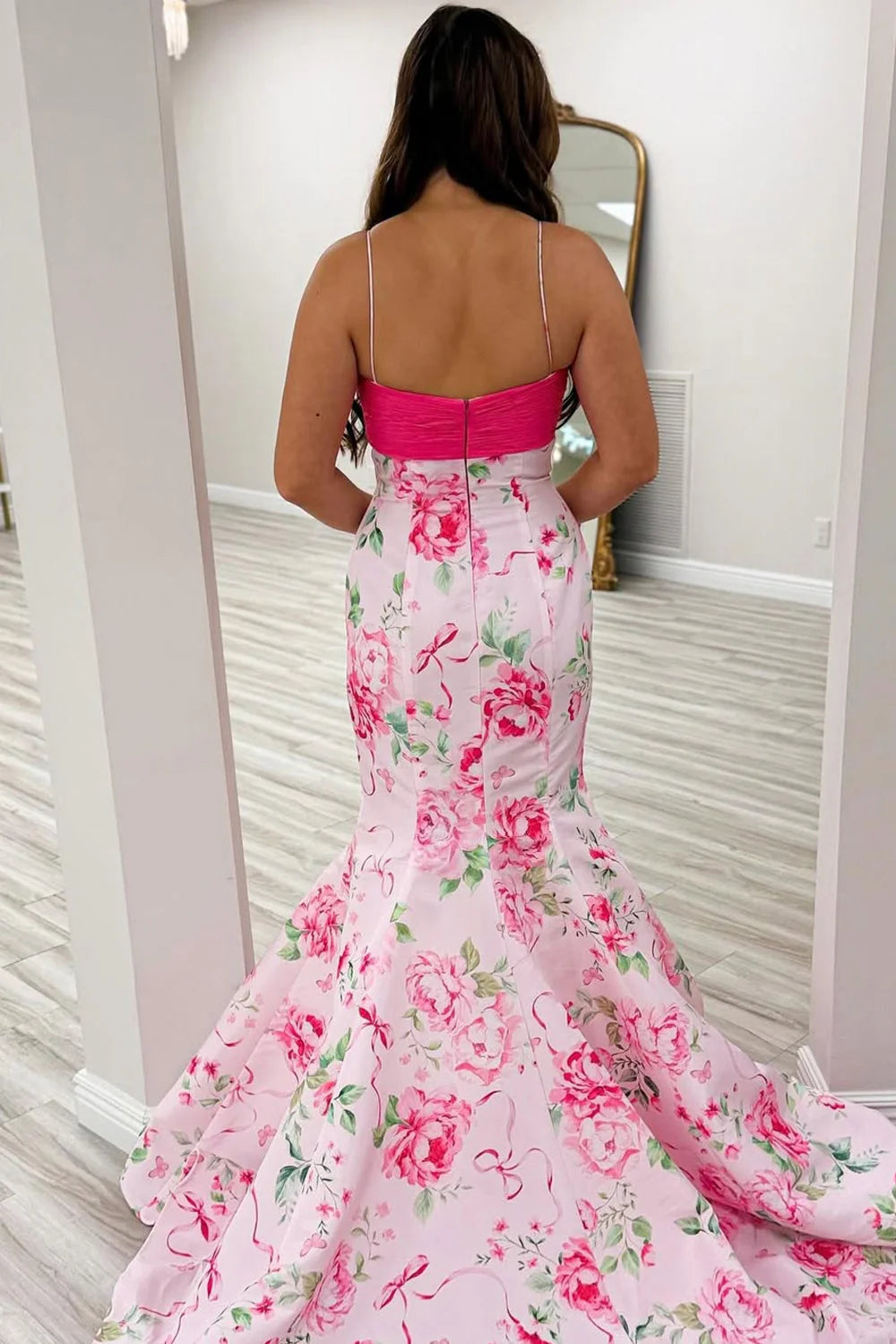 Romantic Mermaid Spaghetti Strap Floral Pink Floor-Length Prom Dress