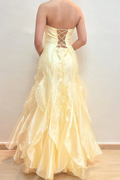 Romantic Mermaid Strapless Ruffled Yellow Floor-Length Prom Dress