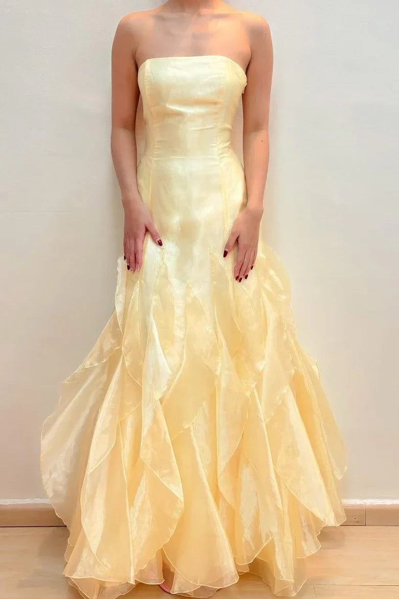 Romantic Mermaid Strapless Ruffled Yellow Floor-Length Prom Dress
