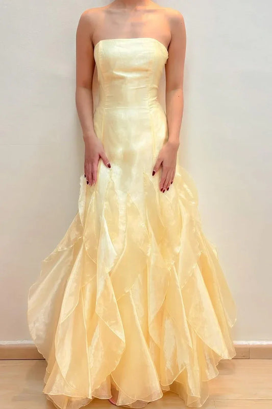Romantic Mermaid Strapless Ruffled Yellow Floor-Length Prom Dress