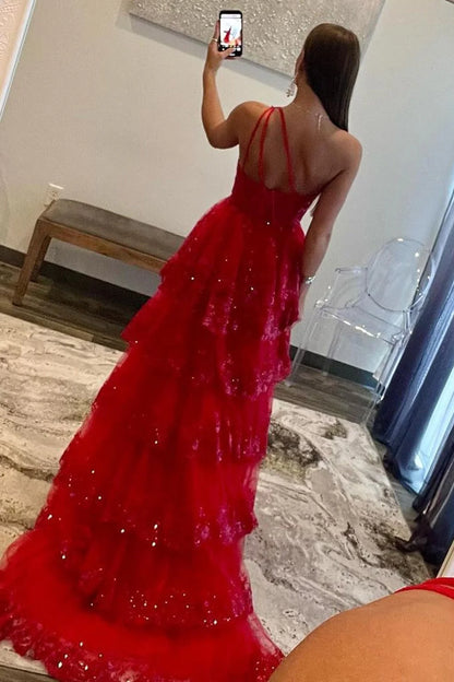 Romantic One Shoulder Sleeveless Ruffled Red Floor-Length Prom Dress