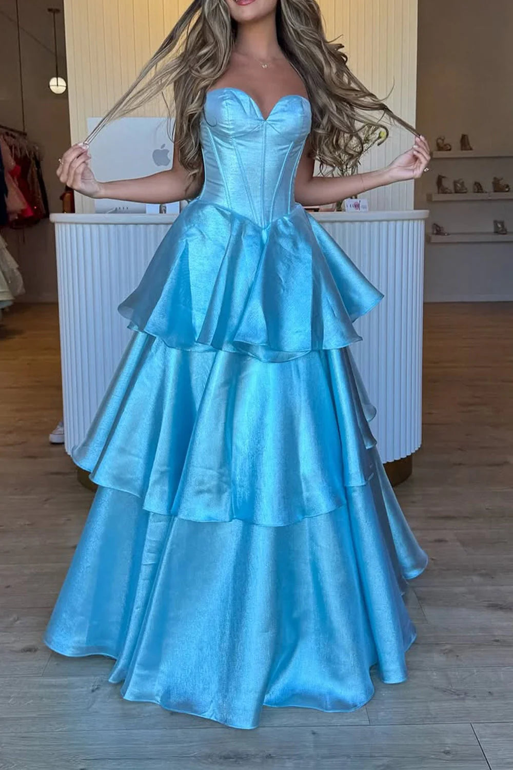 Romantic Strapless Bow Light Blue Floor-Length Prom Dress
