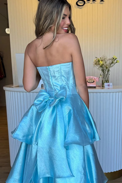 Romantic Strapless Bow Light Blue Floor-Length Prom Dress