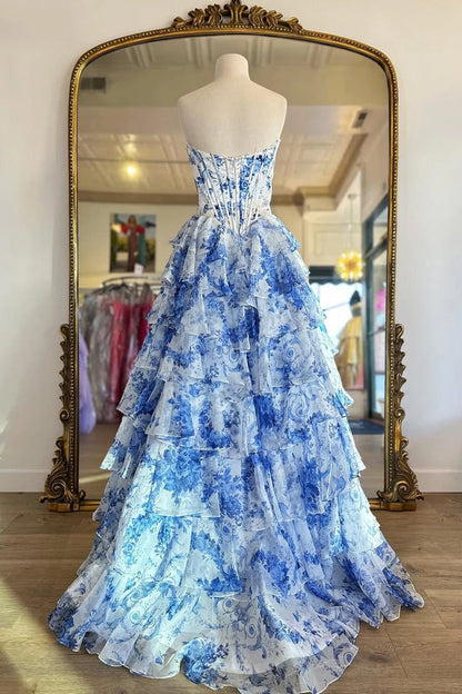 Romantic Strapless Ruffle Blue White Floor-Length Prom Dress
