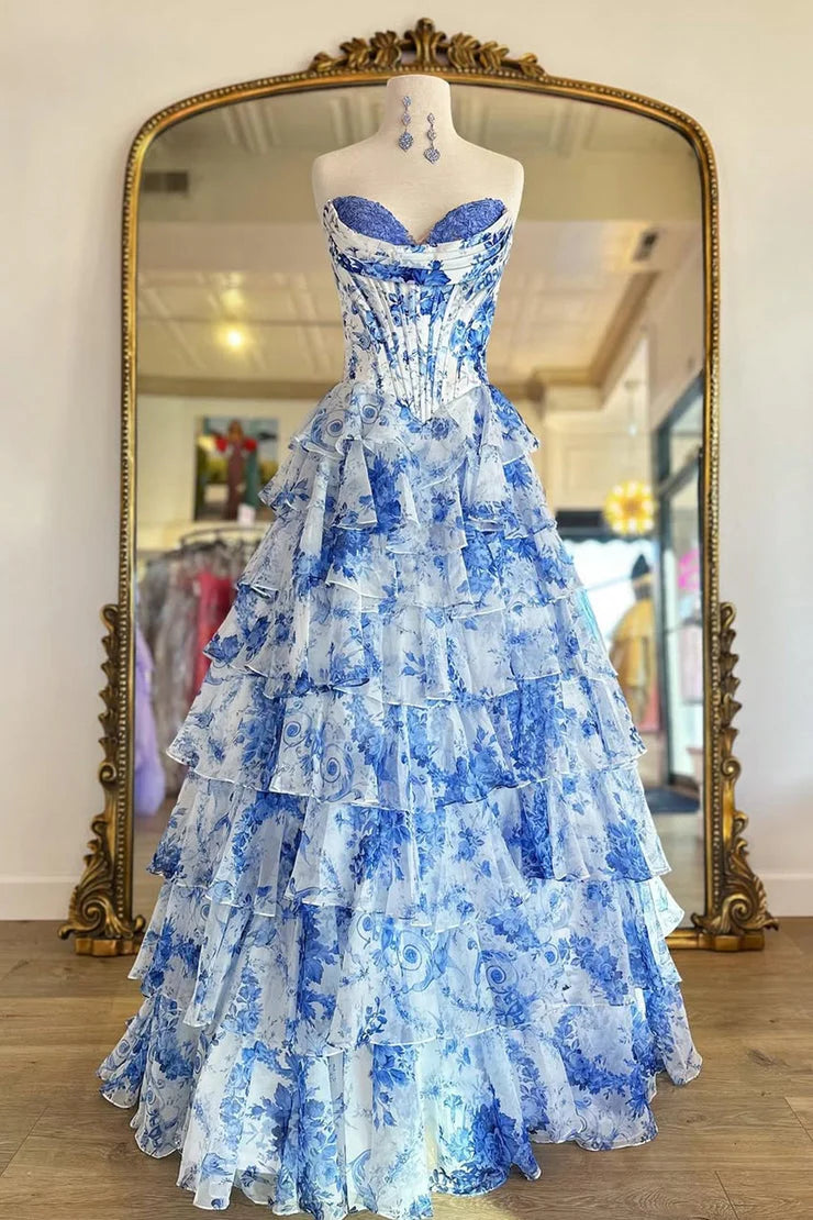 Romantic Strapless Ruffle Blue White Floor-Length Prom Dress