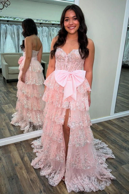 Romantic Sweetheart Strapless Lace Pink Floor-Length Prom Dress