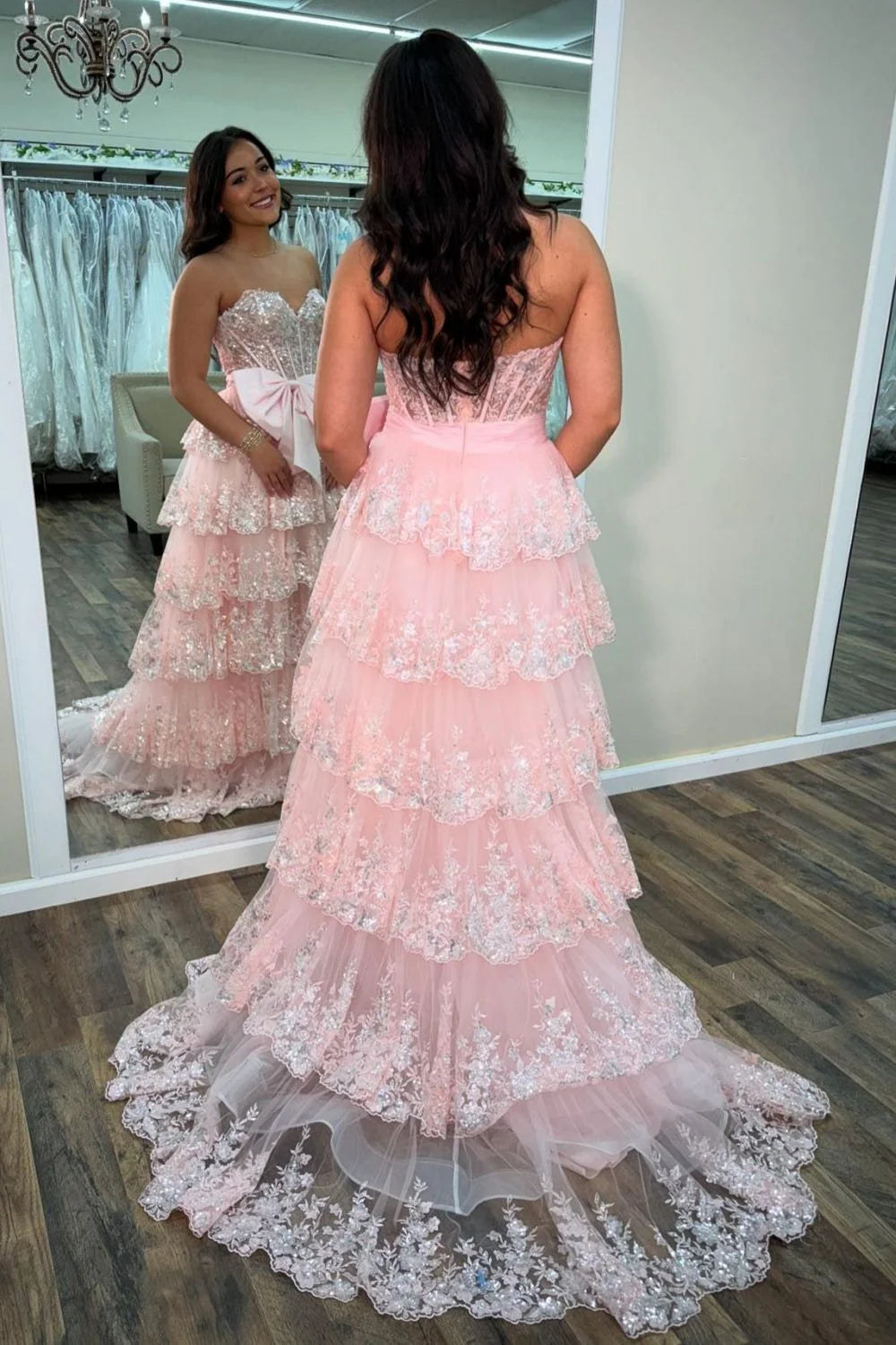Romantic Sweetheart Strapless Lace Pink Floor-Length Prom Dress