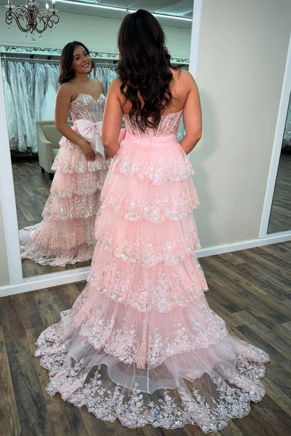 Romantic Sweetheart Strapless Lace Pink Floor-Length Prom Dress