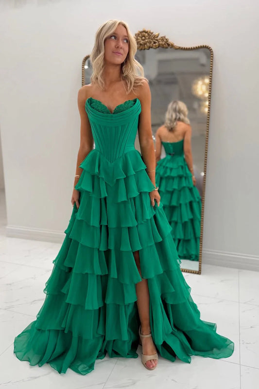 Romantic Sweetheart Strapless Ruffled Green Floor-Length Prom Dress