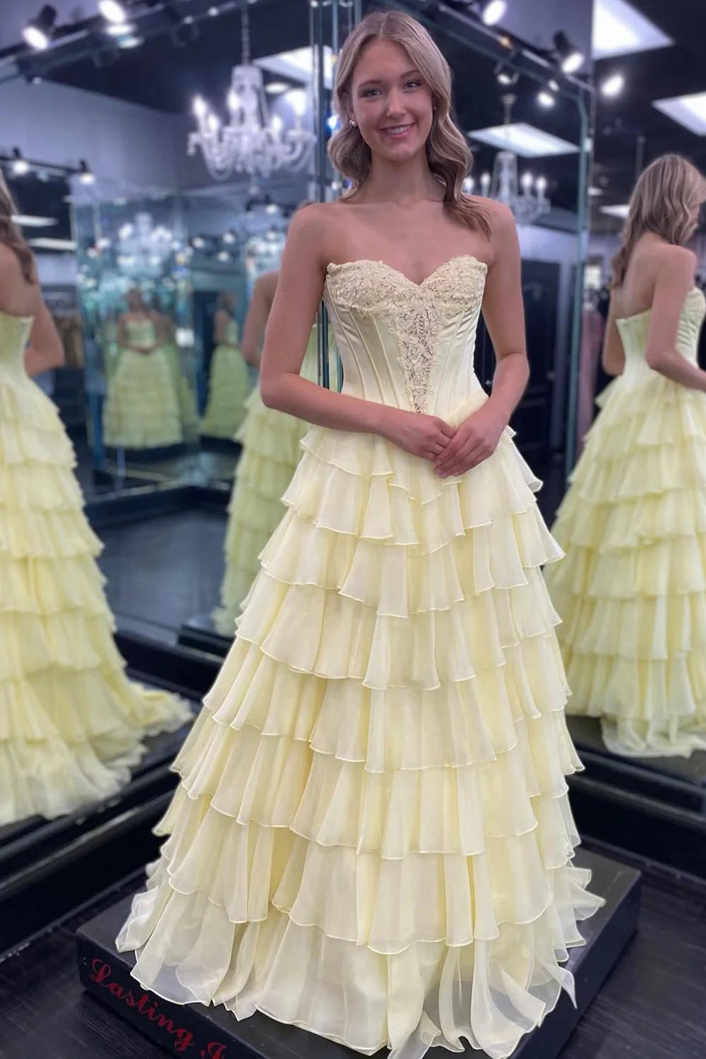 Romantic Sweetheart Strapless Ruffled Yellow Floor-Length Prom Dress