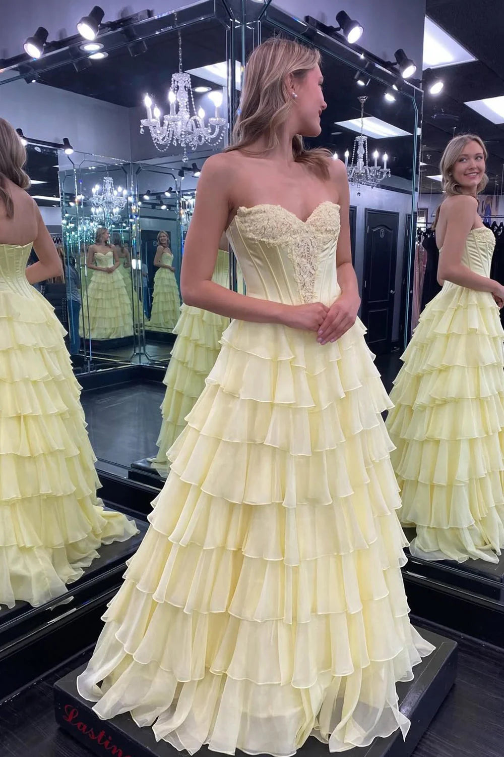 Romantic Sweetheart Strapless Ruffled Yellow Floor-Length Prom Dress