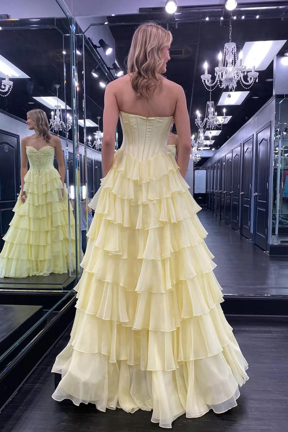 Romantic Sweetheart Strapless Ruffled Yellow Floor-Length Prom Dress