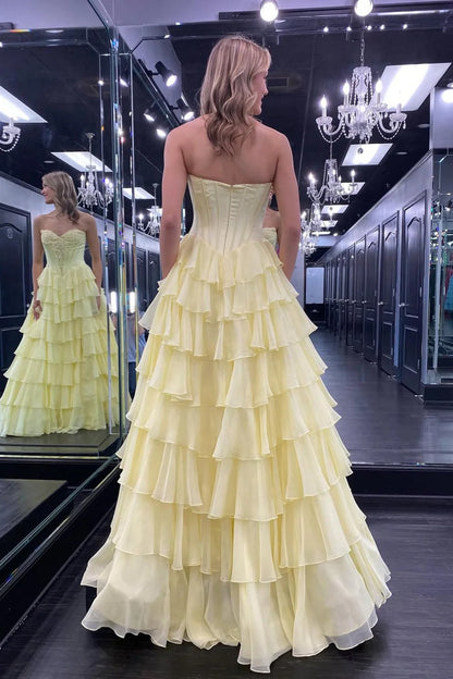 Romantic Sweetheart Strapless Ruffled Yellow Floor-Length Prom Dress