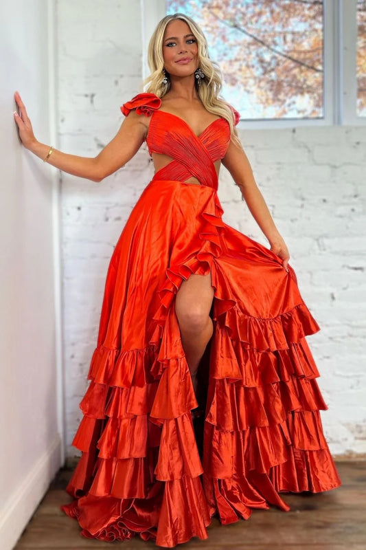 Romantic V Neck Sleeveless Ruffled Red Floor-Length Prom Dress