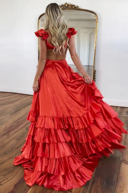 Romantic V Neck Sleeveless Ruffled Red Floor-Length Prom Dress