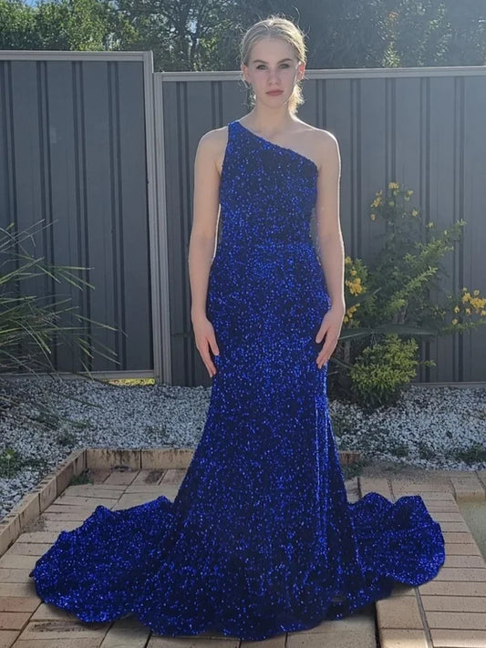 AerbaDress Mermaid Chapel Train One Shoulder Sequin Prom Dresses