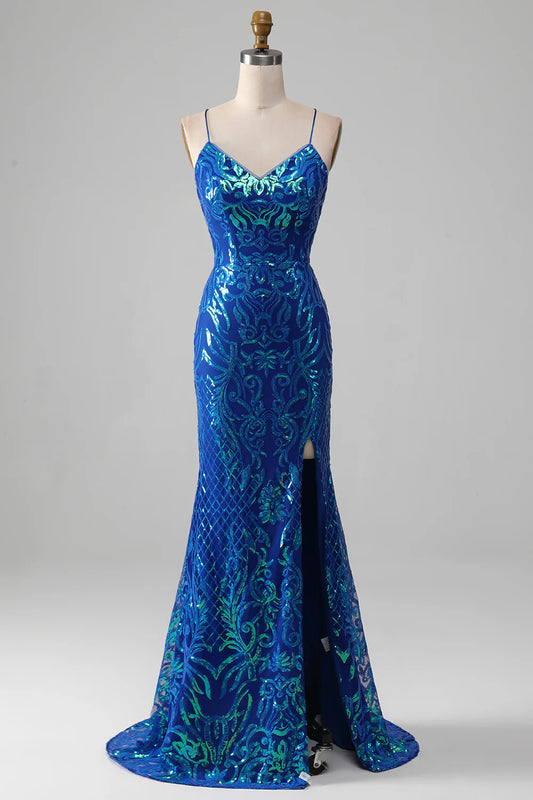 AerbaDress Royal Blue Mermaid Sparkly Prom Dress with Slit