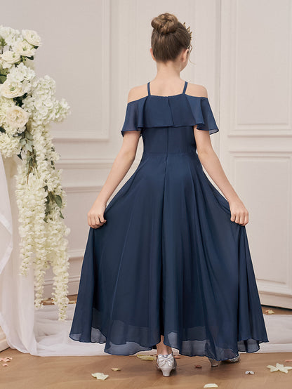 Girls' Formal Dress A Line Ruffle Girls Party Off Shoulder Long Wedding Princess Prom Dresses Kids Elegant Beach Birthday Evening Hot Sale Junior Bridesmaid Dress