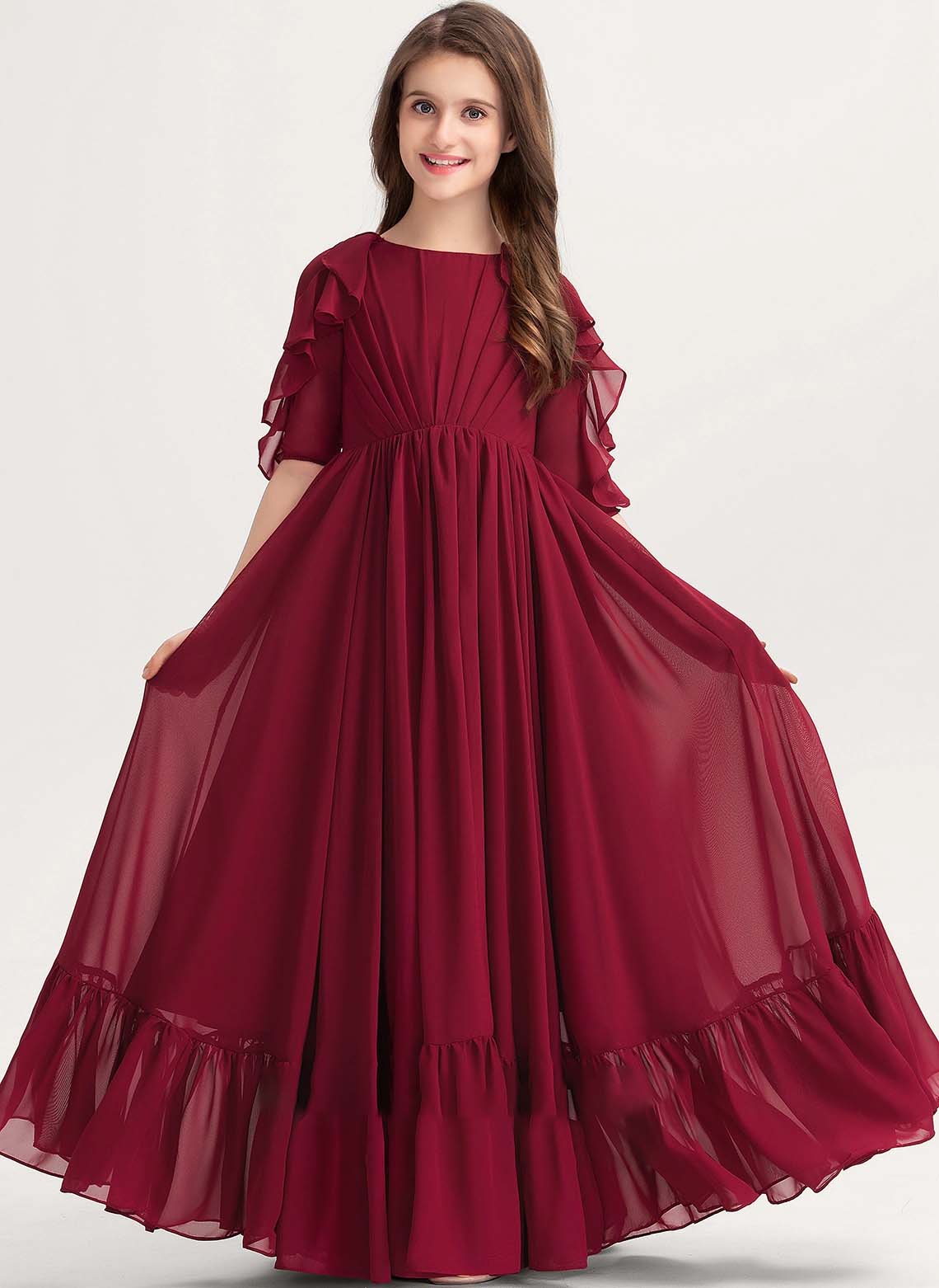 Girls' Formal Dress Elegant A Line Round Neck Short Sleeve Ruffles Floor-Length Hot Sale Junior Bridesmaid Dress