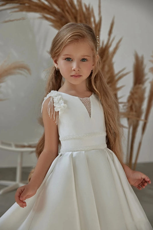AERBA DRESS Wedding Flower Girl Dress 3D Flowers Beaded Satin A-line Long Birthday Pageant Robe First Communion Gown