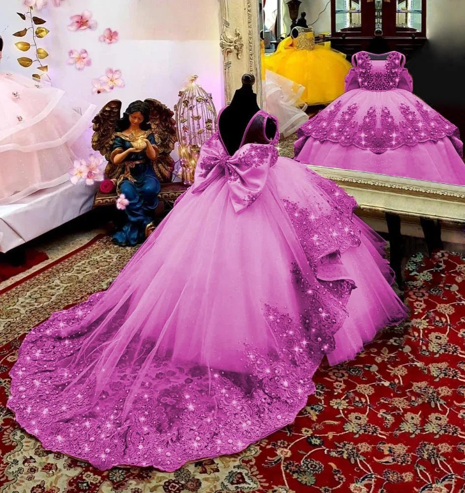 AERBA DRESS Wedding Flower Girl Dress Little Girls Birthday Party Gown Toddlers Beaded Lace Princess Pageant Dress