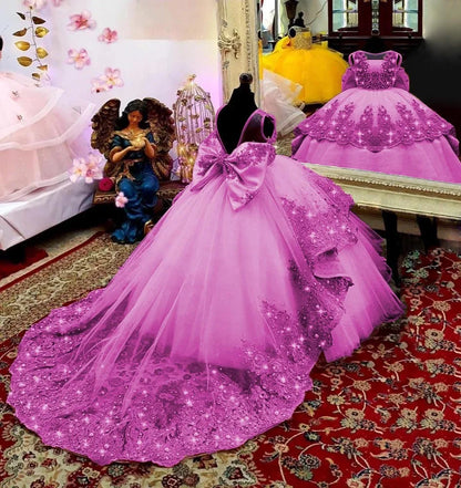 AERBA DRESS Wedding Flower Girl Dress Little Girls Birthday Party Gown Toddlers Beaded Lace Princess Pageant Dress