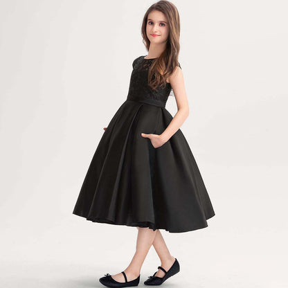 Girls' Formal Dress Dignified A-line Scoop Lace Satin Wedding Girl Guest Dress Hot Sale Junior Bridesmaid Dress