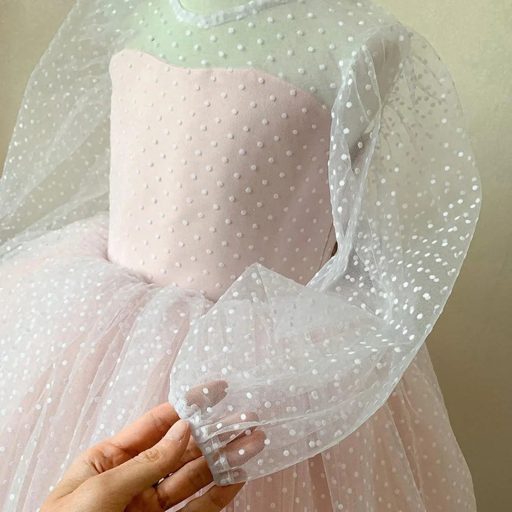 AERBA DRESS Wedding Flower Girl Dress Children's Polka Dot Lace Long Sleeved Performance Birthday Fluffy Short Skirt Princess Dress