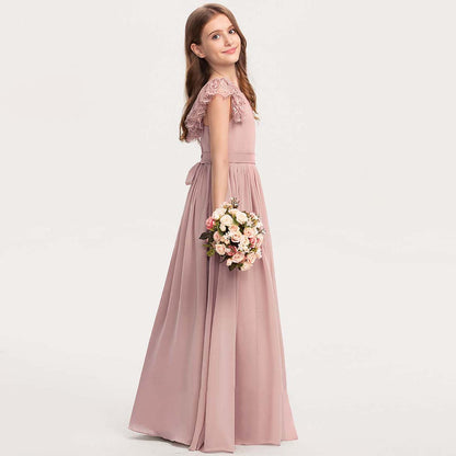 Girls' Formal Dress Fashion A Line Round Neck Wedding Girl Dresses Chiffon Lace With Bow Hot Sale Junior Bridesmaid Dress