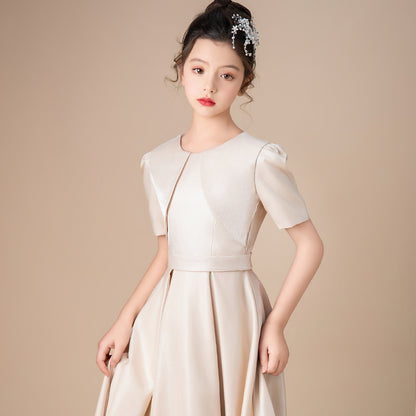 Girls' Formal Dress Dignified A Line Round Neck Short Sleeve Pleated Girls Satin Children's Elegant Communion Birthday Long Hot Sale Junior Bridesmaid Dress