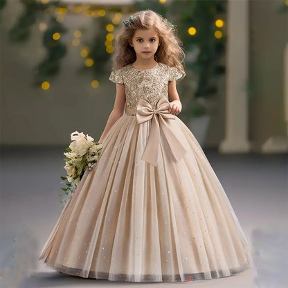 AERBA DRESS Wedding Flower Girl Dress  Party Dress Kids Big Bow Long Wedding Bridesmaid Prom Gown Girl Fashion Lace Birthday Clothes Princess Dress