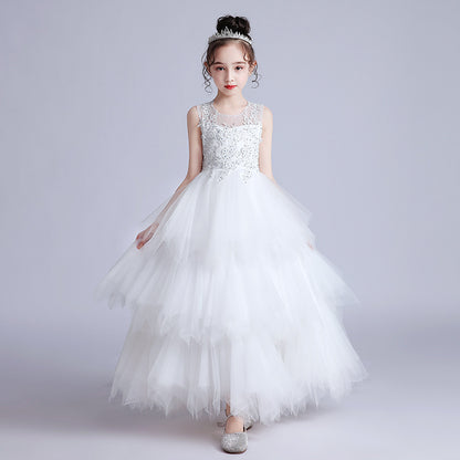 Wedding Flower Girl Dress Girl's Birthday High-End Tiers Bow Sleeveless Evening Dress Puffy Wedding Dress Exquisite Princess Dress