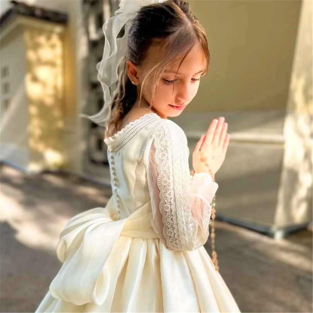AERBA DRESS Wedding Flower Girl Dress Elegant Long-sleeved Tulle Lace Printing Princess Ball First Communion Dresses Kids Surprise Birthday Present