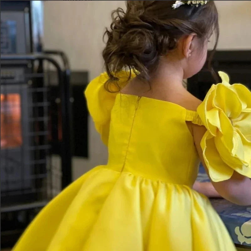 Wedding Flower Girl Dress Baby Girls Satin Flower Off-Shoulder Dress Infant Baptism Evening Wedding Birthday Prom Party Fluffy Gown Kids Princess Dress