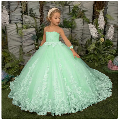 AERBA DRESS Wedding Flower Girl Dress Elegance Three Quartersleeve Applique Children Wedding Party Gowns New Kids Clothes Princess First Communion
