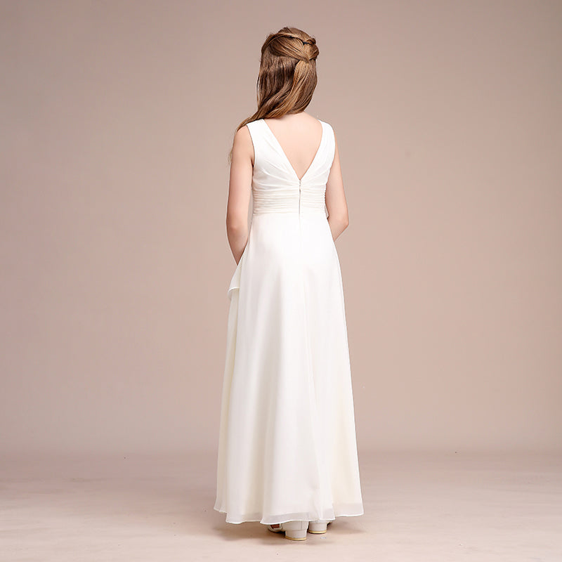 Dignified Girls' Formal Dress A Line Round Neck Sleeveless Pleated Floor-Length Dress Hot Sale Junior Bridesmaid Dress